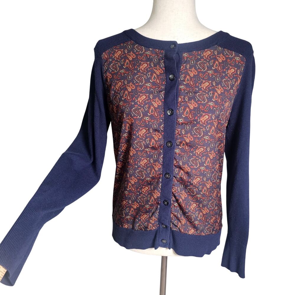Eddie Bauer, Button Up, Paisley, Crewneck Cardigan with Sweater Back Medium